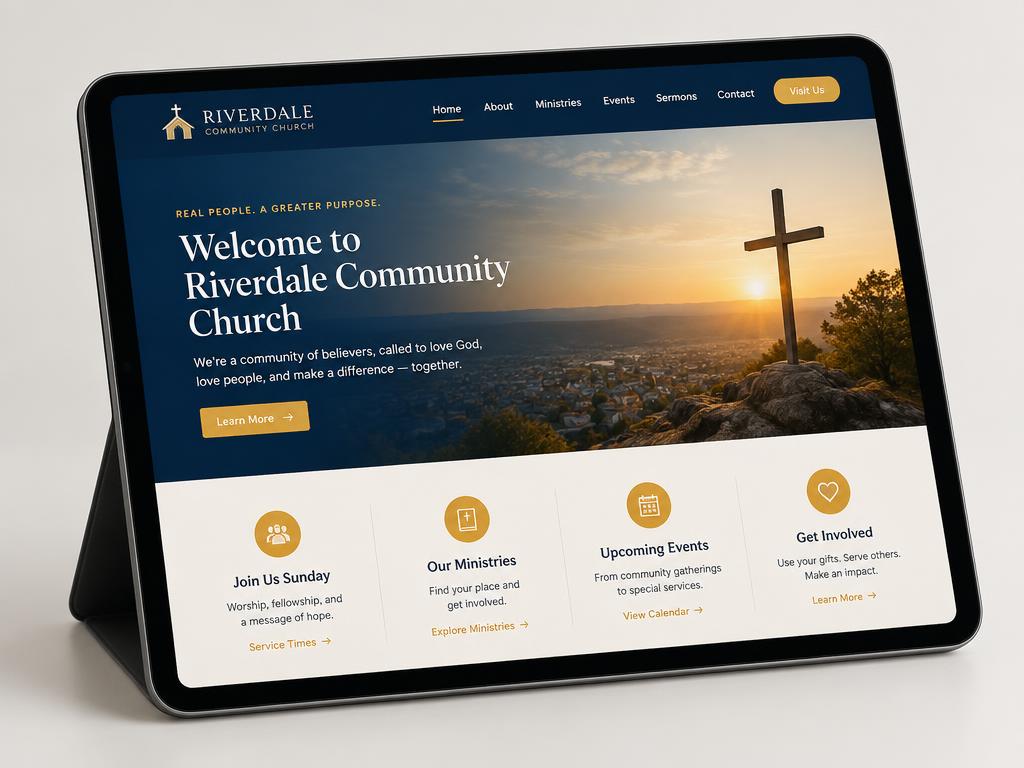 Website design concept for a community church shown on a tablet