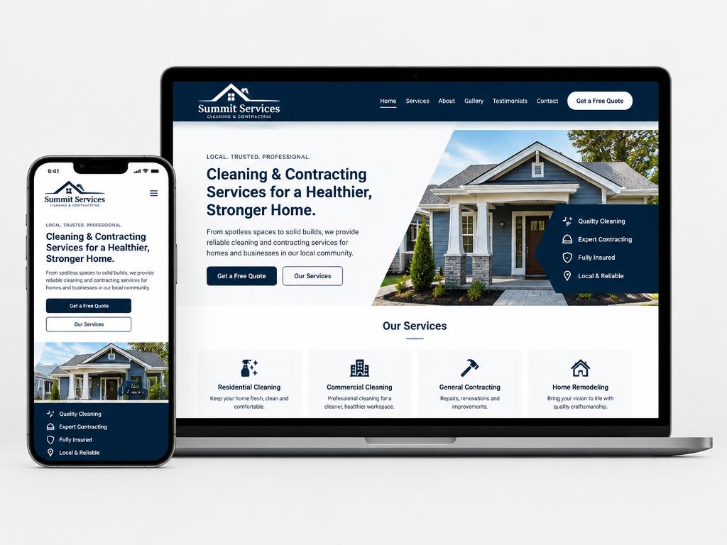 Website design concept for a local cleaning and contracting business on phone and laptop